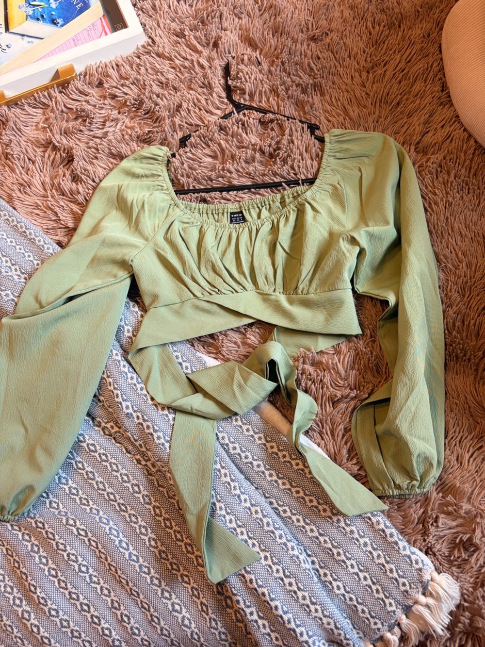 SHEIN Sage Green Long Sleeve Ruched Wrap Crop Top